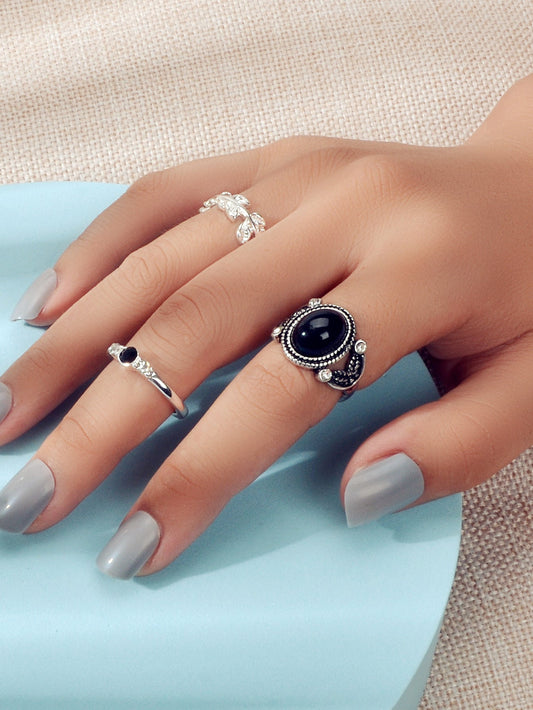 3 pcs Vintage Antique Leaf Geometric Multiple Stackable Punk Finger Rings Set-0
