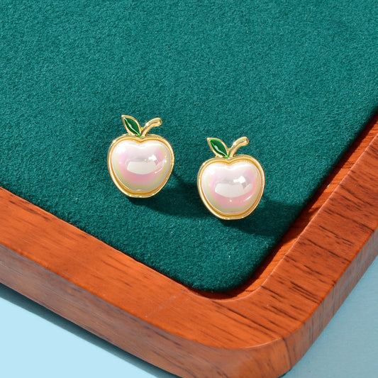 Exquisite Green Leaf White Pearl Apple Stud Earrings Women Anniversary Jewellery-0