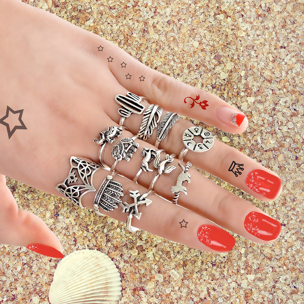 12 pcs Antique Silver Fox Bird Elephant Stackable Multiple Ring Set Jewellery-0