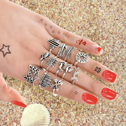 12 pcs Antique Silver Fox Bird Elephant Stackable Multiple Ring Set Jewellery-0