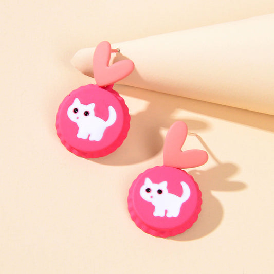 Cute Funny Hotpink Heart Cat Capsule Stud Earrings Y2k Style Girl Jewellery Gift-0