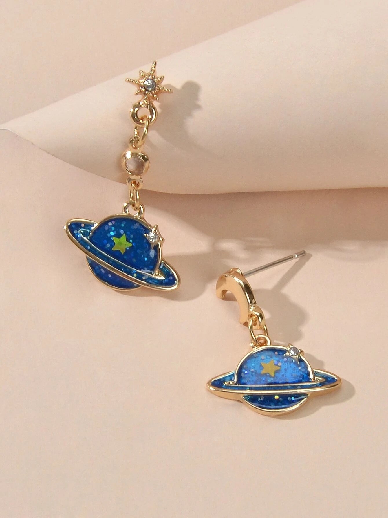 Fashion Jewellery Blue Enamel Planet Moon Star Asymmetric Drop Stunning Earrings-0