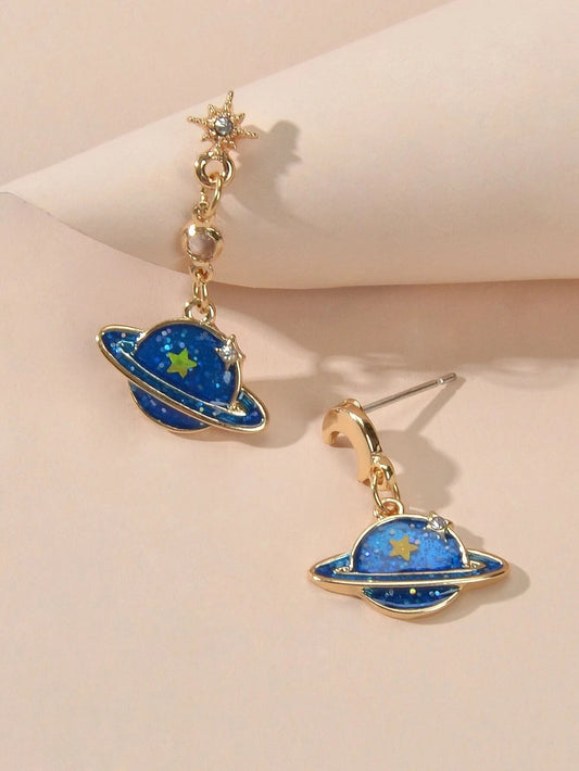 Fashion Jewellery Blue Enamel Planet Moon Star Asymmetric Drop Stunning Earrings-0