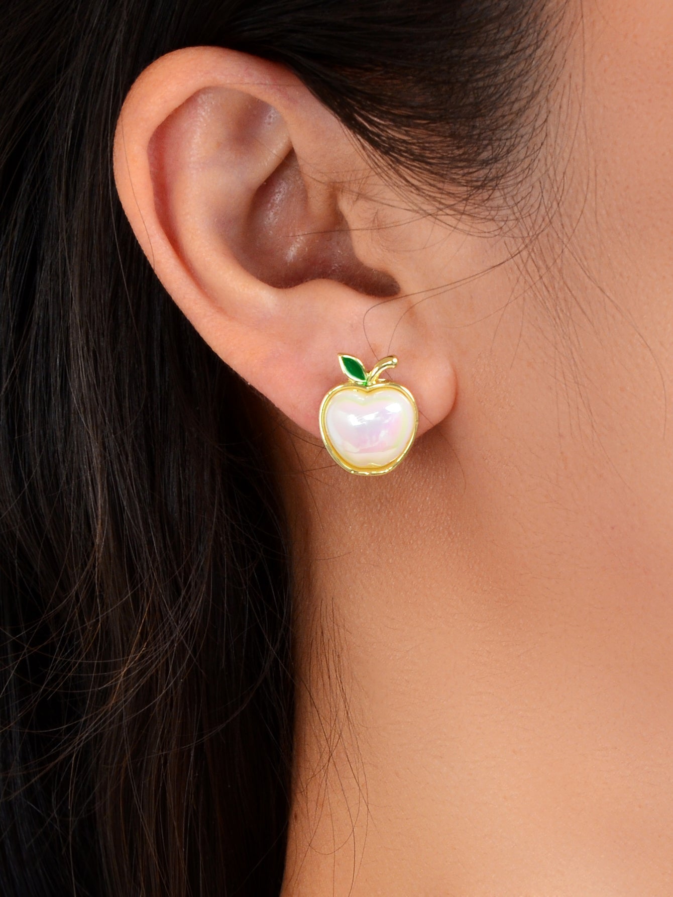 Exquisite Green Leaf White Pearl Apple Stud Earrings Women Anniversary Jewellery-1