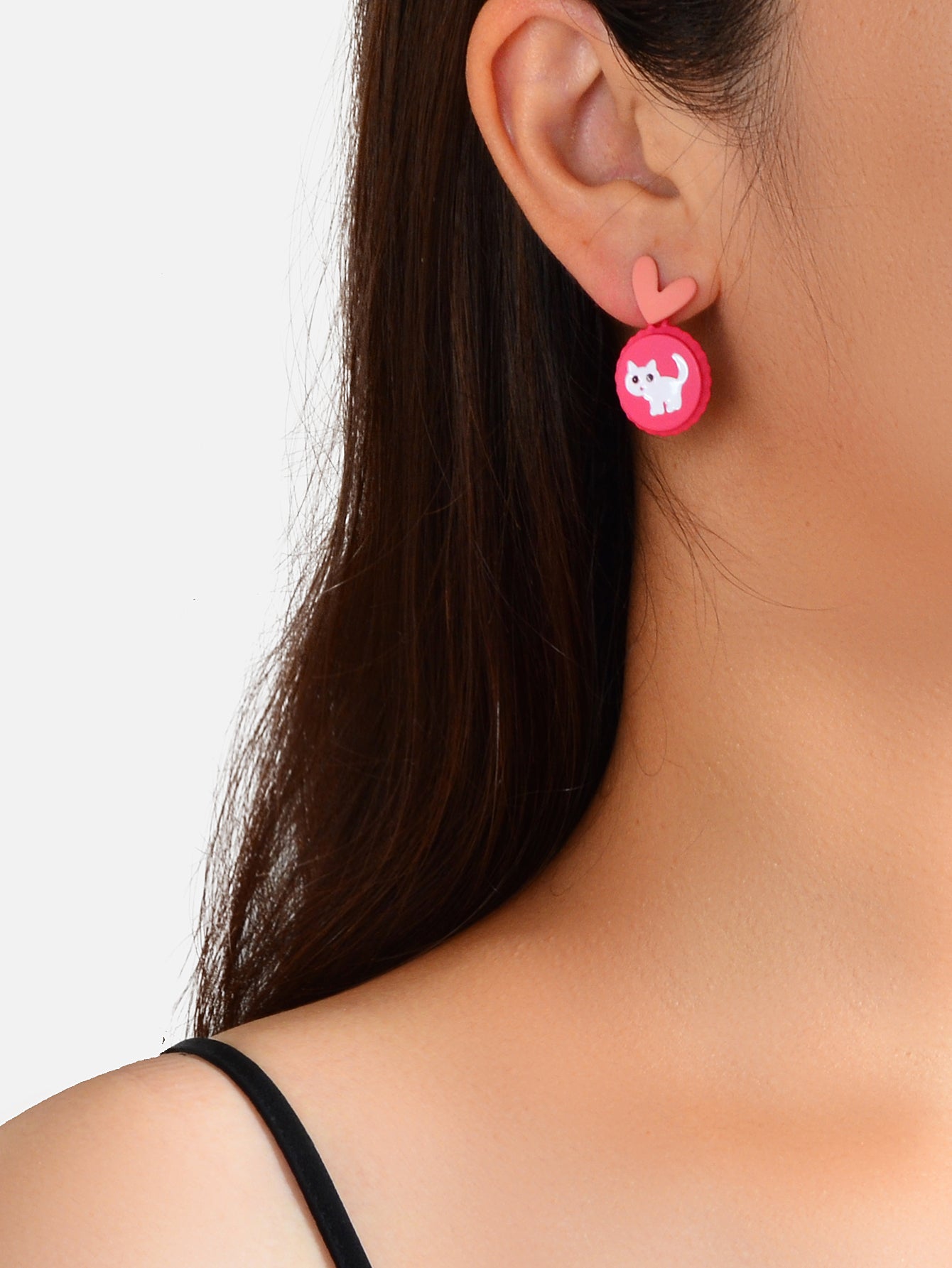 Cute Funny Hotpink Heart Cat Capsule Stud Earrings Y2k Style Girl Jewellery Gift-1