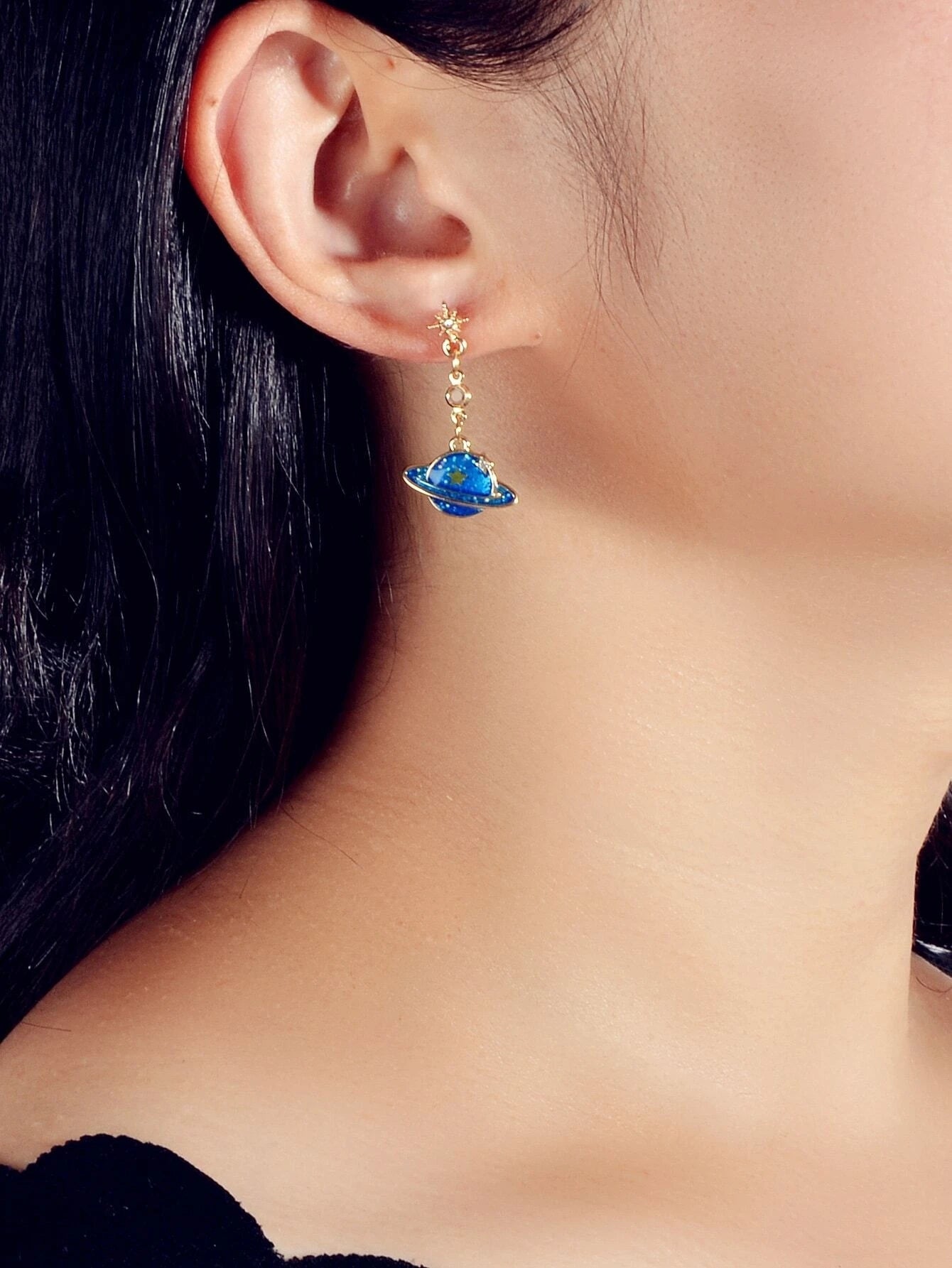 Fashion Jewellery Blue Enamel Planet Moon Star Asymmetric Drop Stunning Earrings-1
