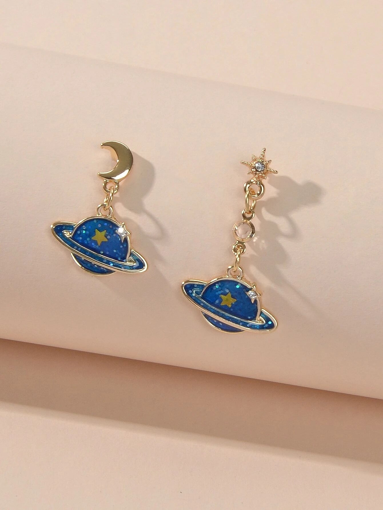 Fashion Jewellery Blue Enamel Planet Moon Star Asymmetric Drop Stunning Earrings-2