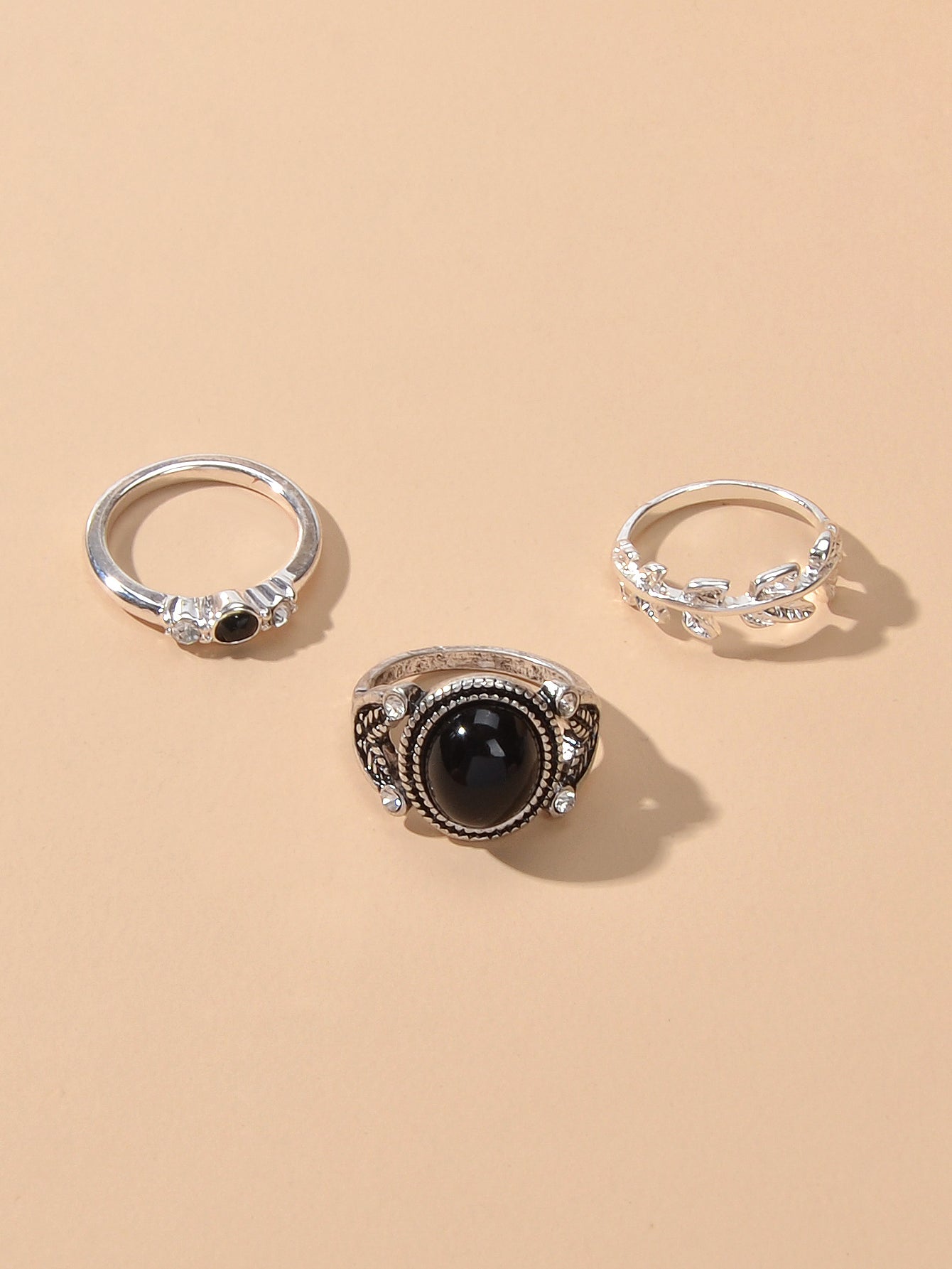 3 pcs Vintage Antique Leaf Geometric Multiple Stackable Punk Finger Rings Set-3
