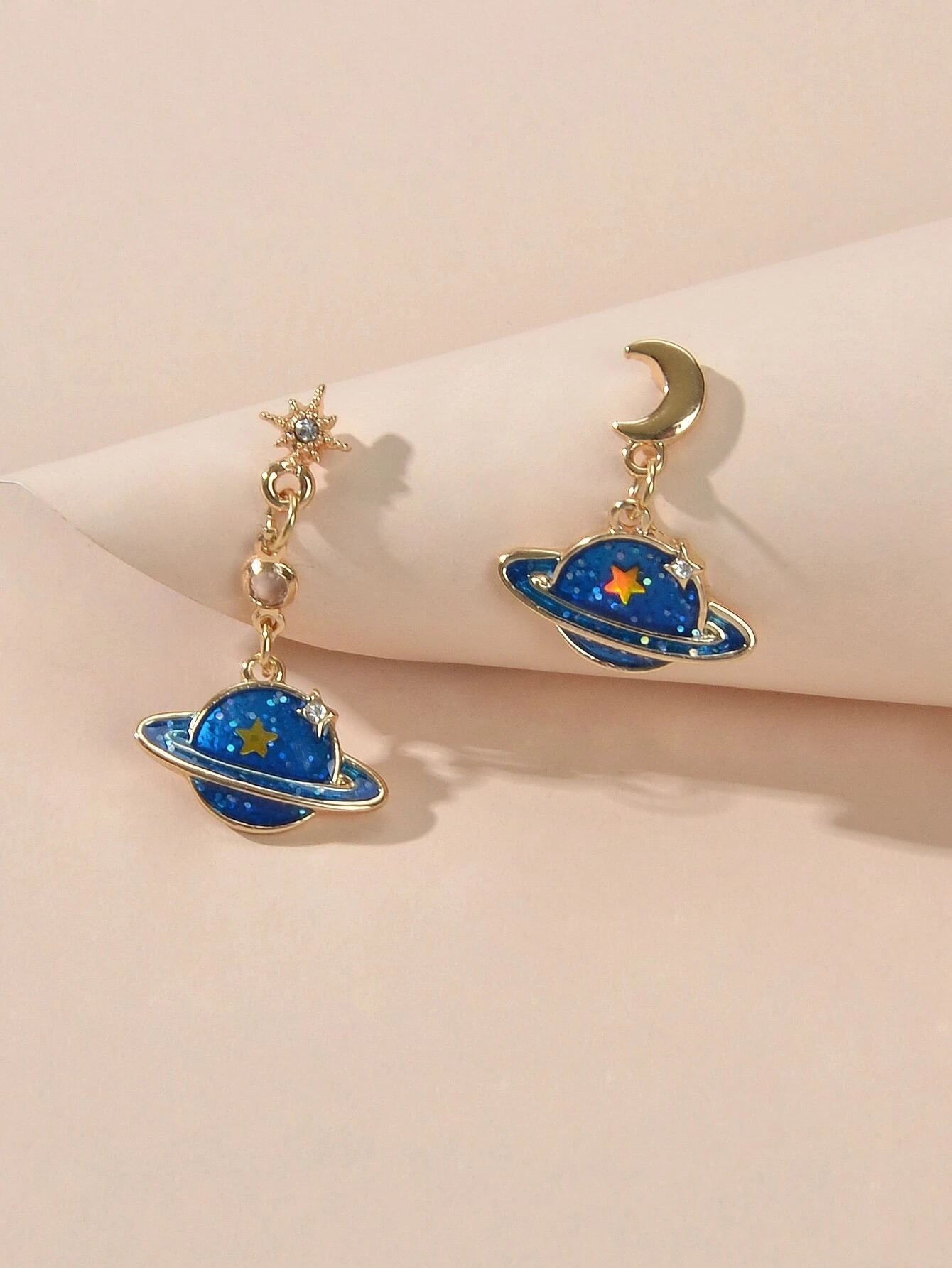 Fashion Jewellery Blue Enamel Planet Moon Star Asymmetric Drop Stunning Earrings-3