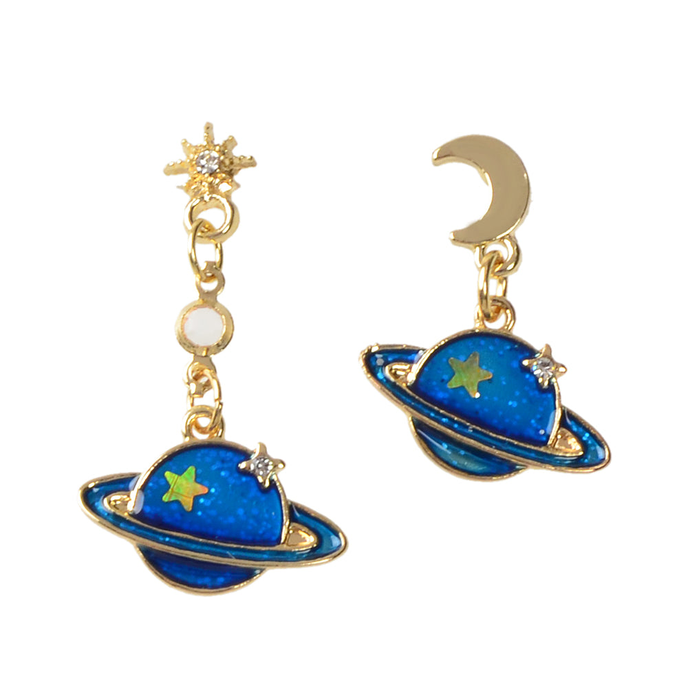 Fashion Jewellery Blue Enamel Planet Moon Star Asymmetric Drop Stunning Earrings-4