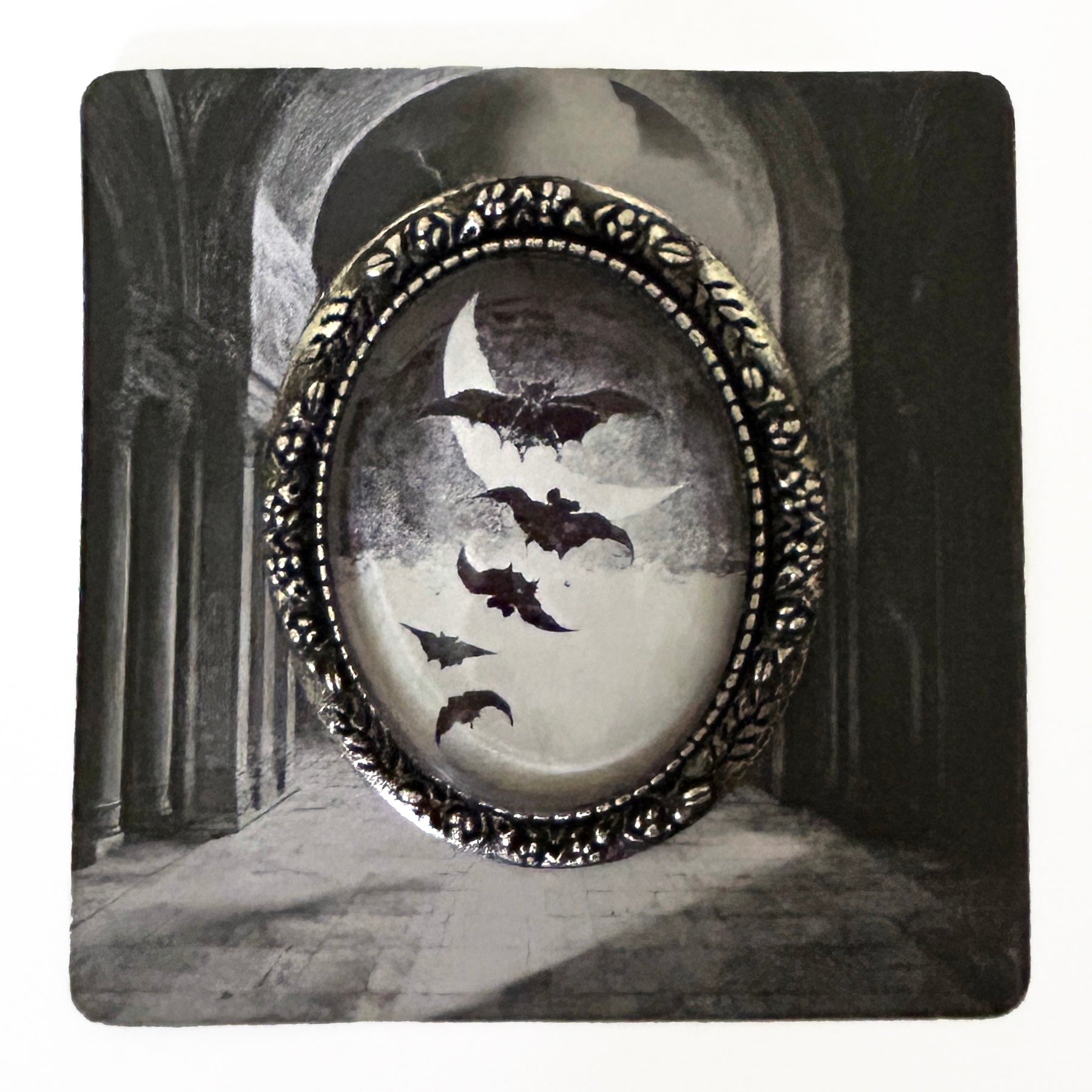 Vintage Halloween Flying Bats Handmade Cameo Brooch-0