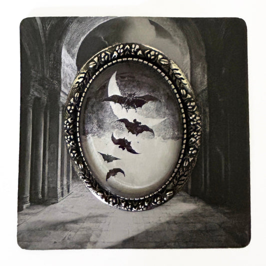 Vintage Halloween Flying Bats Handmade Cameo Brooch-0