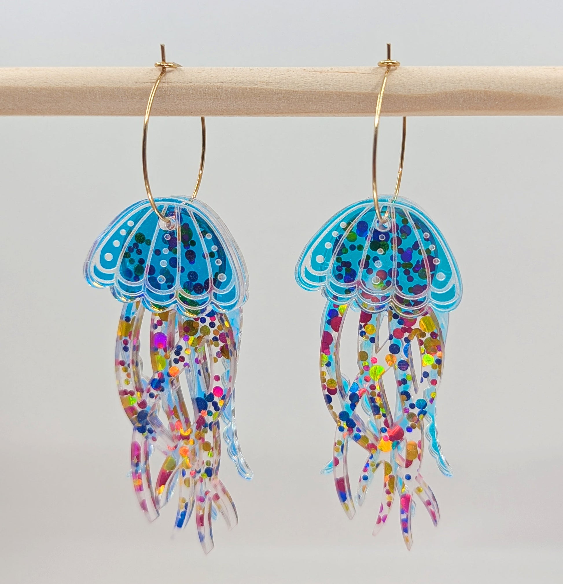 Jellyfish Earrings - Blue/Pink/Gold glitter-3